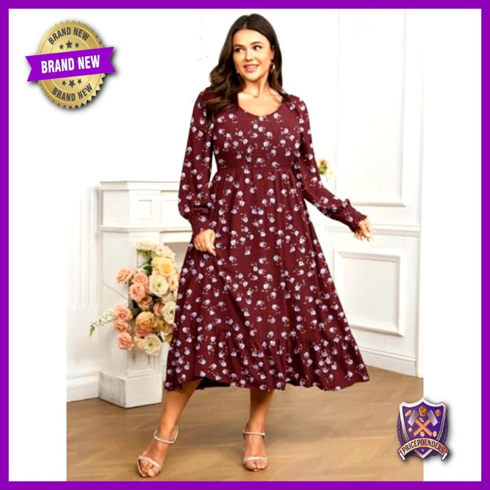 Plus Size Maxi Dress Long Sleeve Square Neck Smocked Ruffle Swing Flowy - Picture 3 of 7